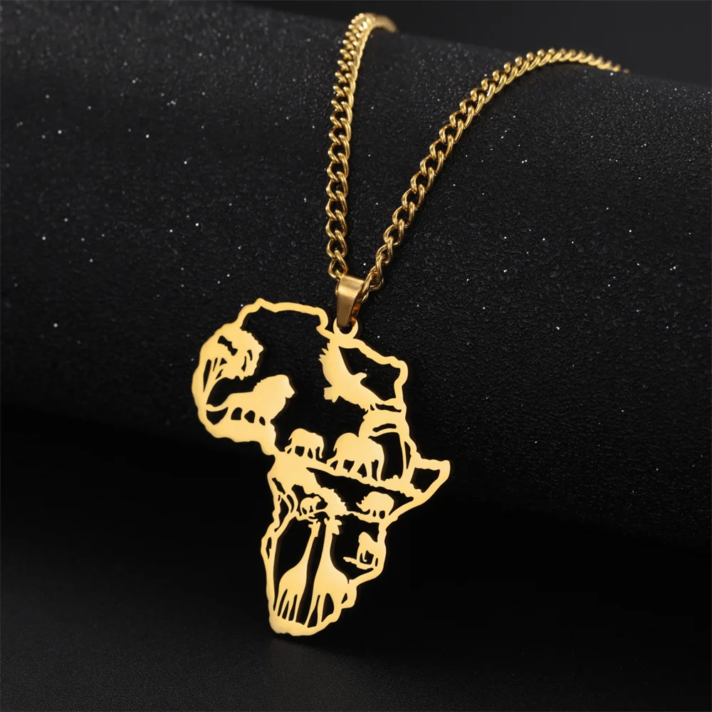 My Shape Africa Map Lion Elephant Monkey Giraffe Pendant Necklaces
