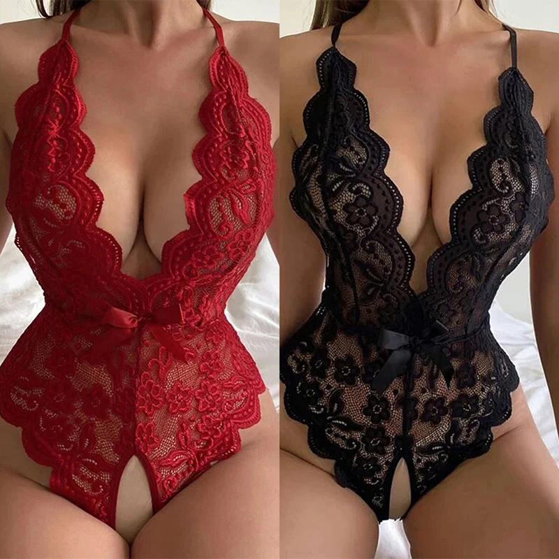 Women lingerie set sexy bra set women underwear set Crotchless Lace Hollow Bra Set Erotic Costume Teddy Baby Doll Dress Deep V Open Bra Bow Lingerie Set