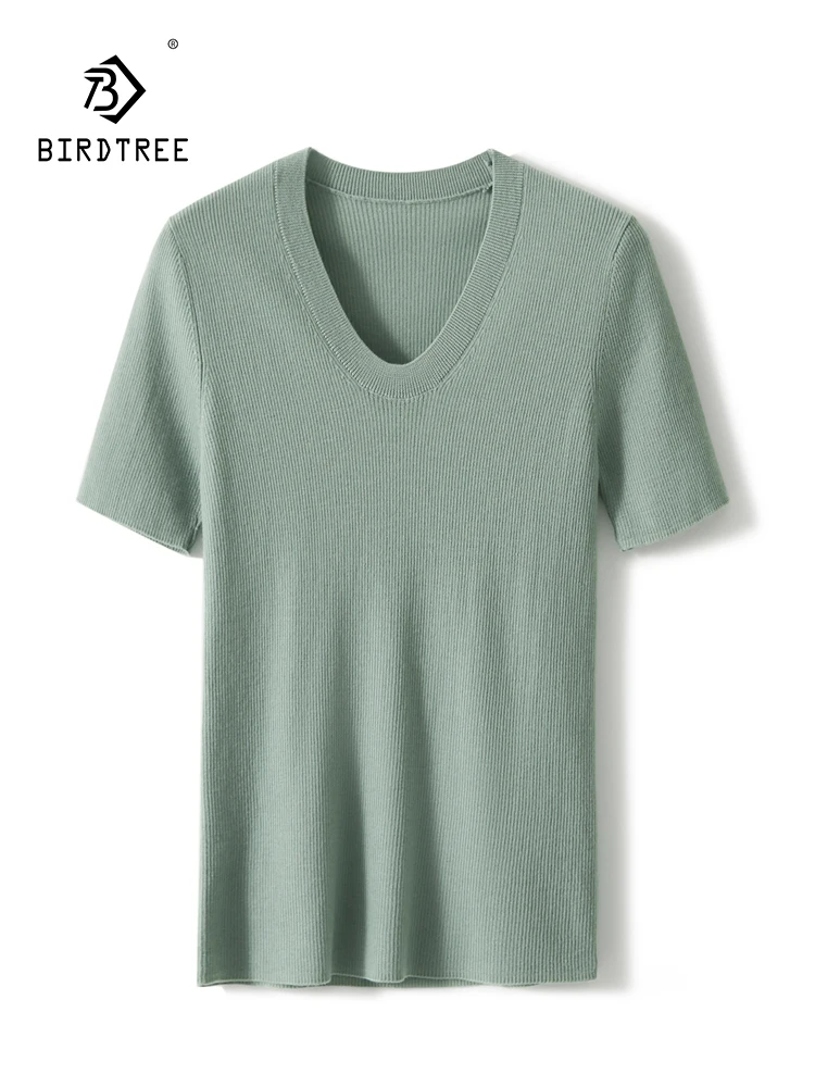 

BirdTree, 100%Sheep Wool Elegant Sweater, Women Short Sleeve V Neck Solid, OL Commute Versatile Pullover, 2024 Summer T45442QC