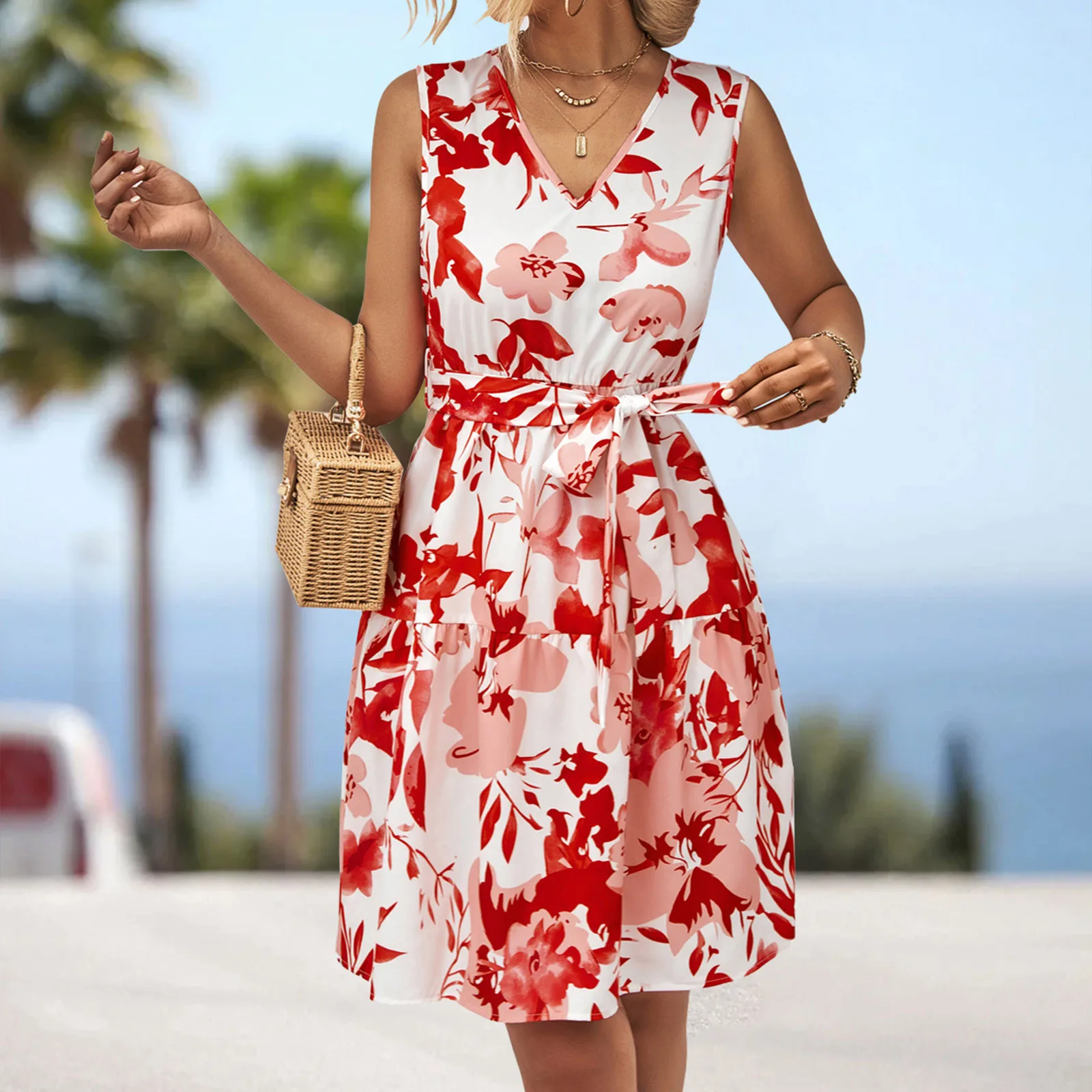

Floral Print Sleeveless V-Neck Vest Dresses Women Summer Casual Lace Up A-line Tank Dress Casual Ruffle Boho Beach Sundress