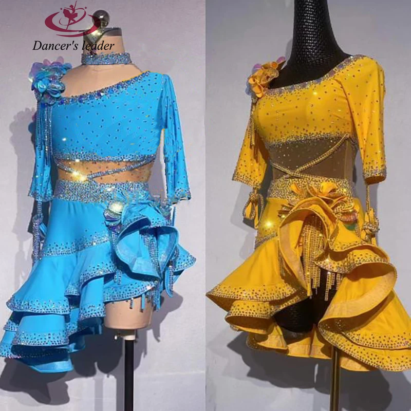 

Latin Dance High-end Custom Full Diamond With Shoulder Flower Large Skirt Cha Tango Female Adult Stage Professional Clothing