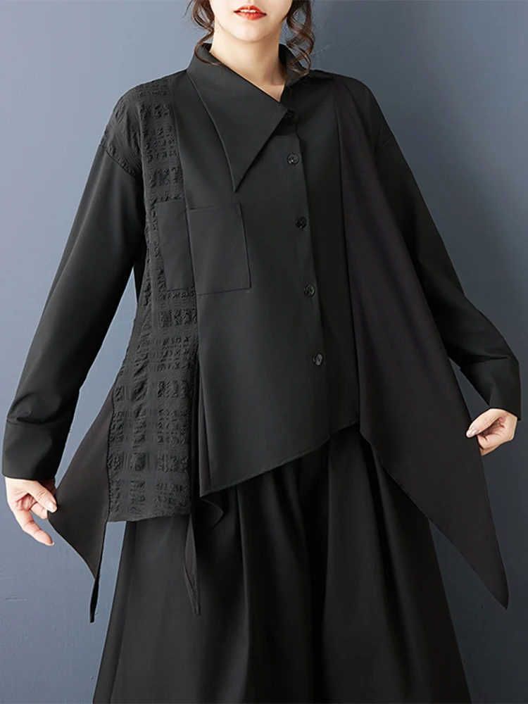 2026 Spring Autumn New Asymmetrical Patchwork Black Vintage Shirt Women Long Sleeve Loose Casual Blouse Top Fashion Clothing