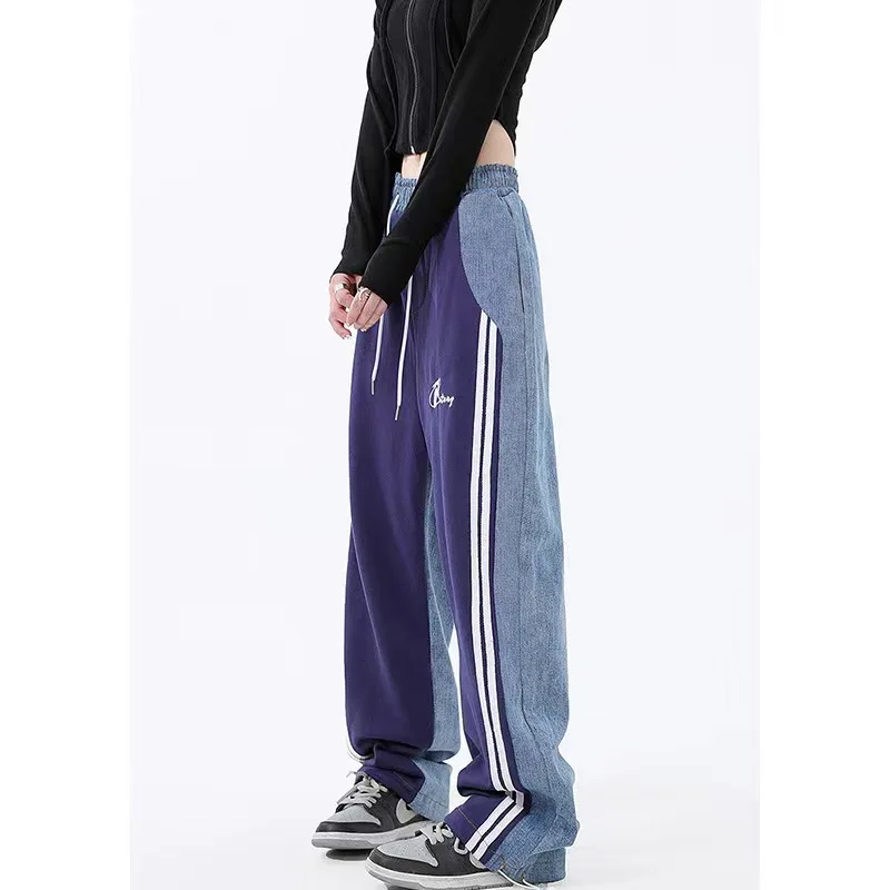 Women Early Spring High Waist Contrast Color Drawstring Tie Up Sweatpants High Street Wide Leg Straight Cylinder Lady Trousers_voghion.com