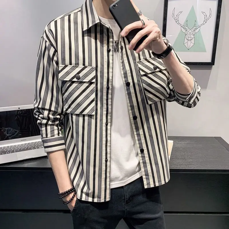 Spring Autumn New Fashion Elegant Polo Collar Clothing Long Sleeved Stripes Versatile Commuting Loose Comfortable Men's Shirts