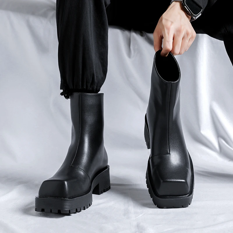Men Chelsea Boots Thick Soled Platform Luxury Designer Square Head Soft Leather Fashion Trends Street High Top