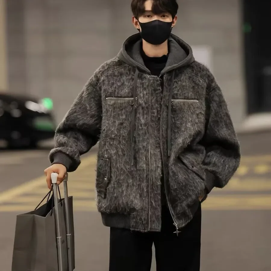 High-End Illusionzip-up Hooded Jacket Two-Piece Couple Costume Men's Autumn Winter Cropped Wool Overcoat Thickened Jacket