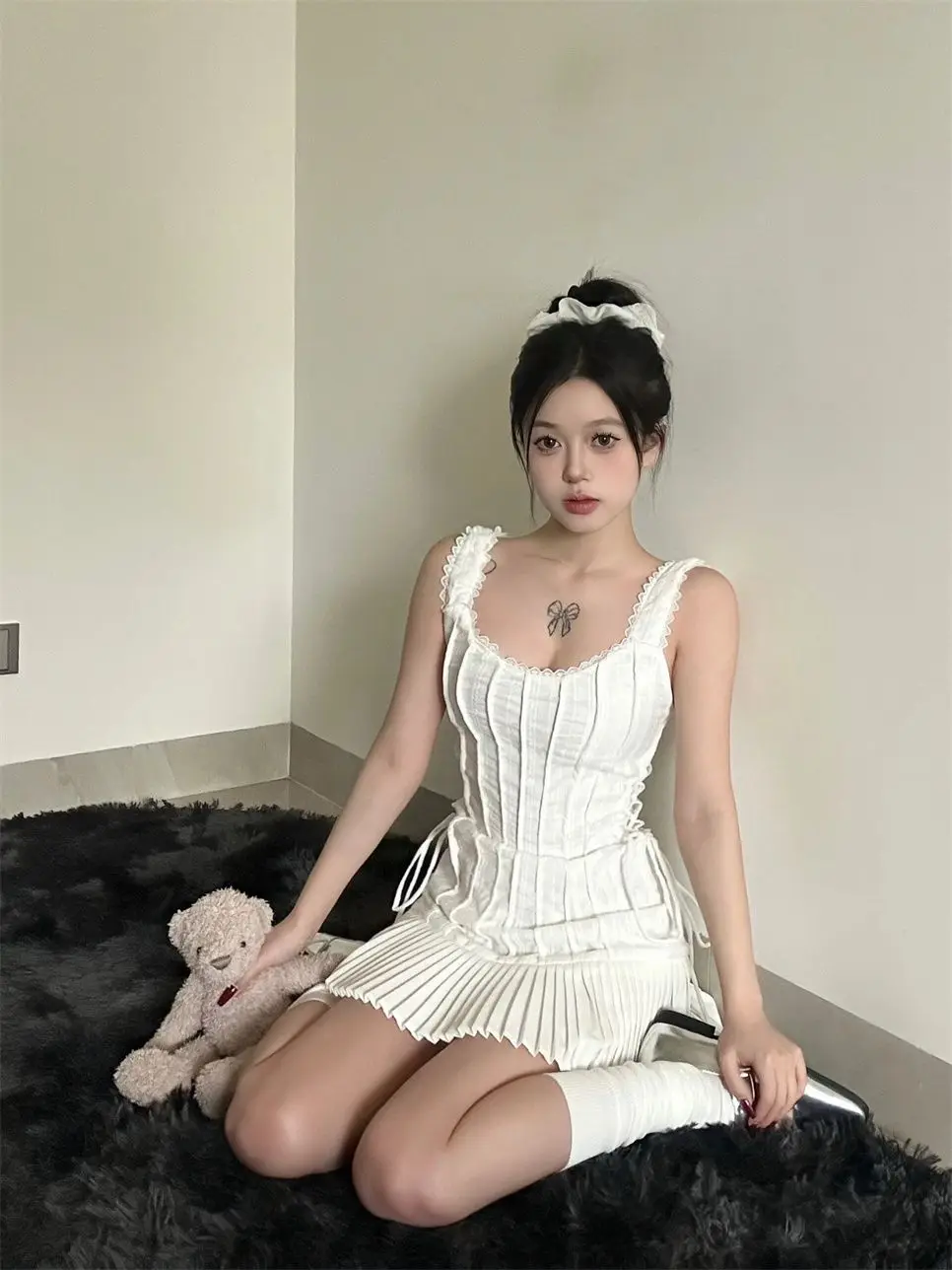 Elegant Pleated Short Dresses for Women Summer New Sleeveless Square Collar White Dress Korean Fashion Y2K One Piece Vestido