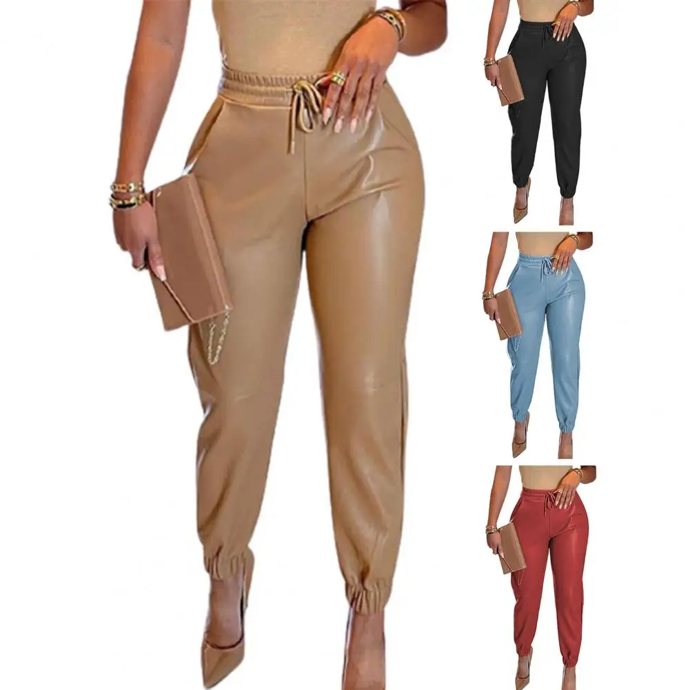 

Spring Autumn Women PU Leather Pants High Waist Slim Fit Trousers Drawstring Smooth Stretchy Ankle-banded Lady Long Trousers