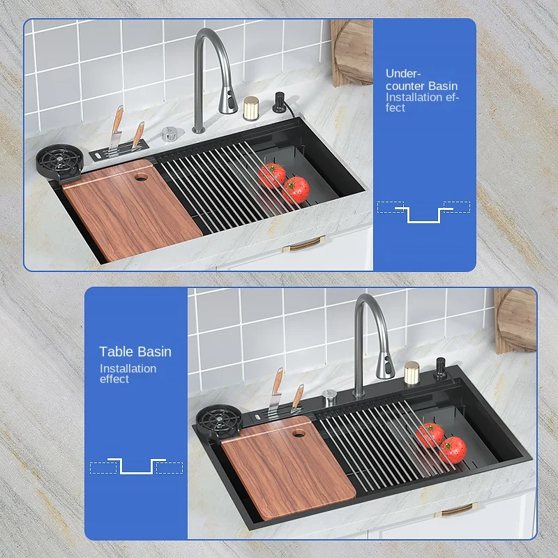 Waterfall Kitchen Sink Nanometer 304 Stainless Steel Large Single Slot Kitchen Accessories Waterfall Faucet Vegetable Basin 5