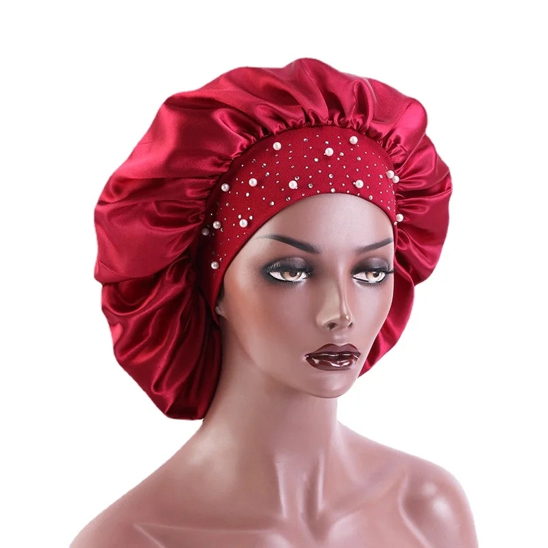 High-quality Silky Bonnet Elastic Wide Band Women Satin Bonnet Beaded Sleeping Cap Adult Night Protection Hair Hat Head Wra 3