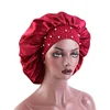 High-quality Silky Bonnet Elastic Wide Band Women Satin Bonnet Beaded Sleeping Cap Adult Night Protection Hair Hat Head Wra 3