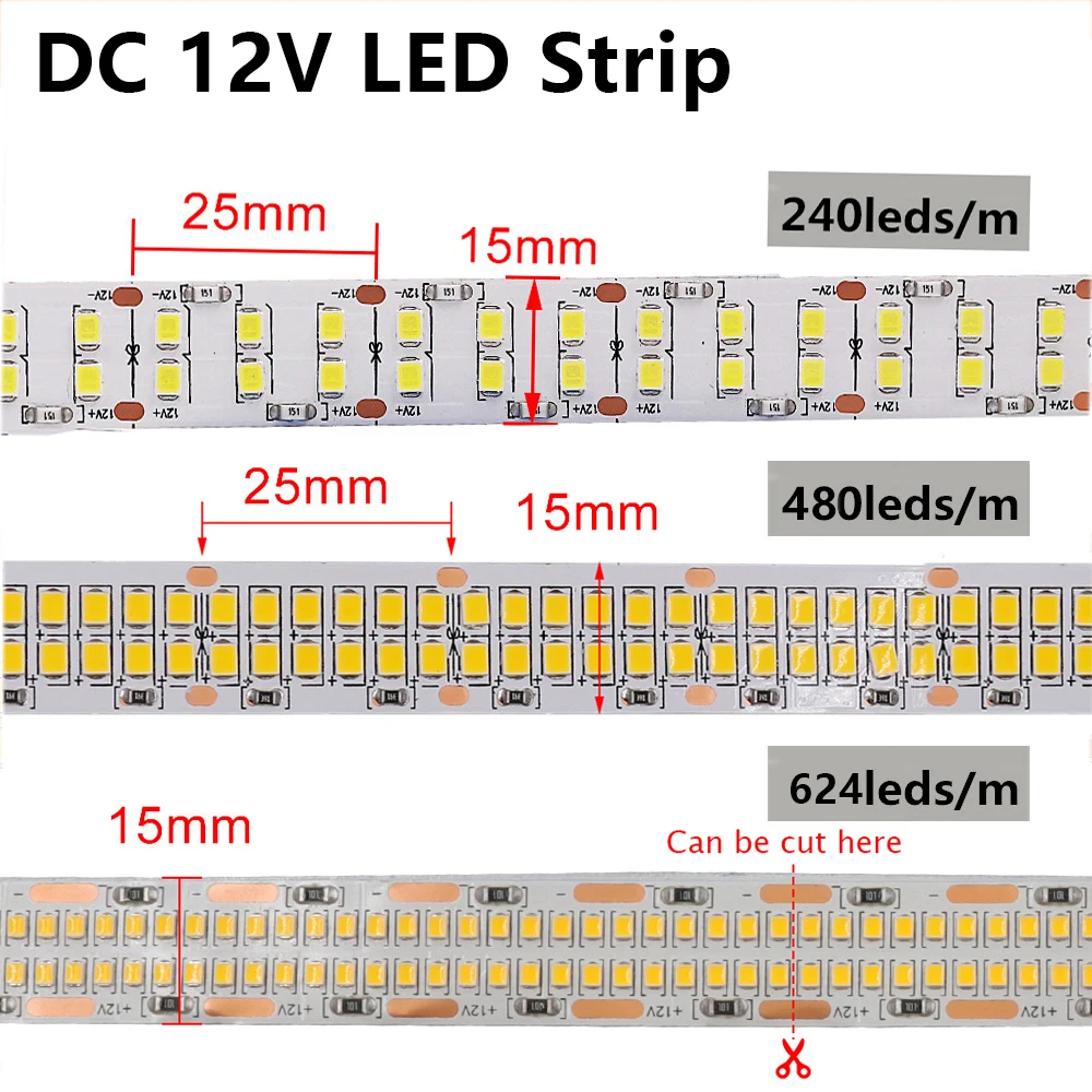 12V LED Strip 2835 SMD 240LEDs/m 480LEDs/m High Bright Waterproof Flexible Tape Light 624LEDs/m LED Ribbon White Warm White