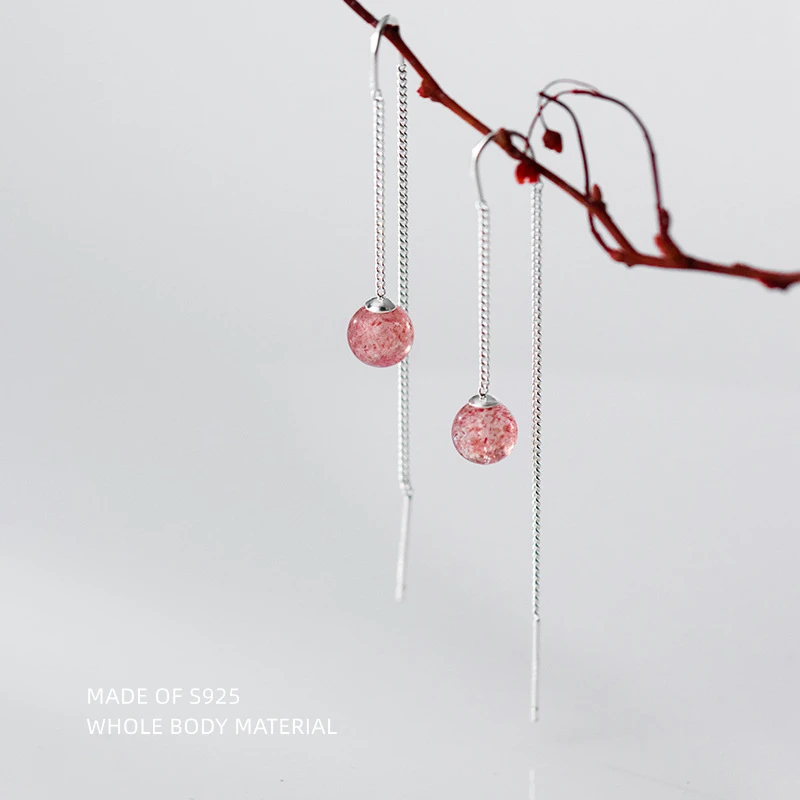 LAVIFAM 925 Sterling Silver Sweet Strawberry Crystal Ear Line Earrings For Daughter Girl Small Long Earring Jewelry