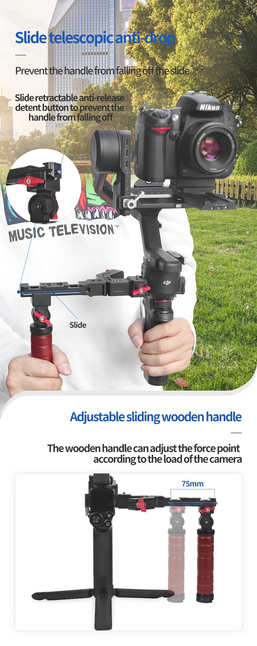 Gimbals Side Sling Handgriff, faltbar, verstellbar, Holzgriff, Schienenklemme, kalte Schuhhalterung für DJI Ronin RS3 PRO RS2 RSC2-Halterung – Detail 9