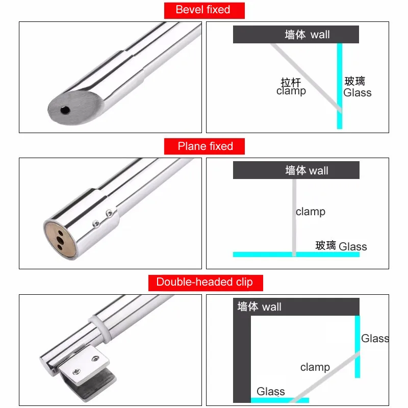 Stainless Steel Clips Shower Glass Door Fixed Rod Clamp Bathroom Glass Support Bar Adjustable Length