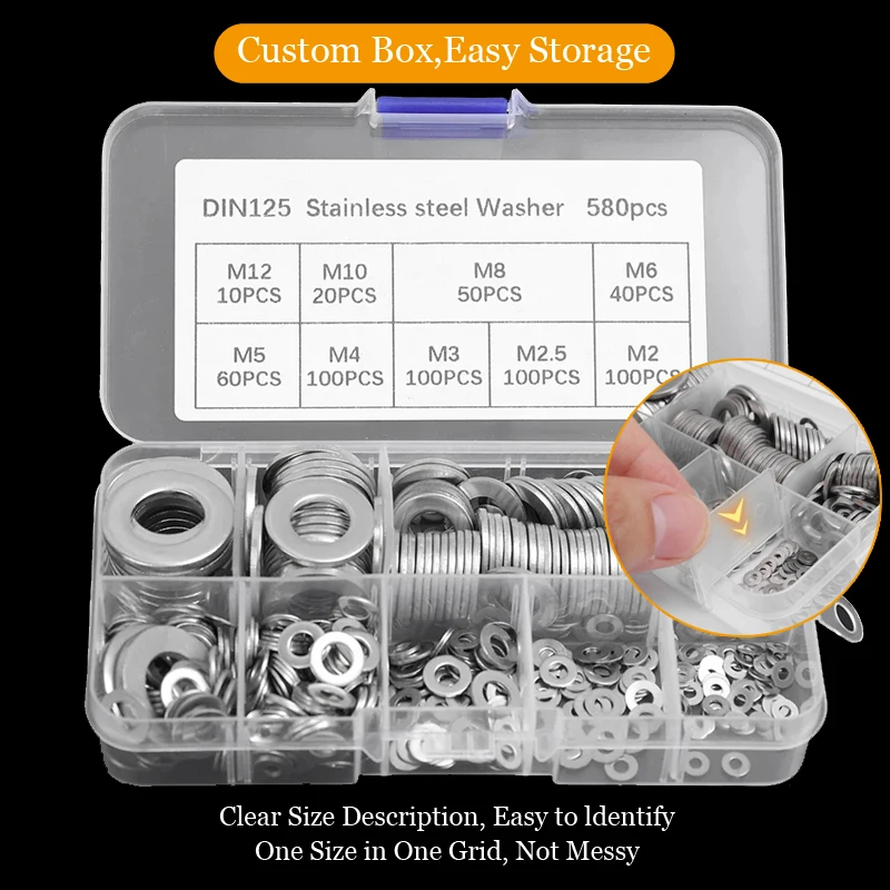 Premium Stainless Steel Flat Washer Assortment - Smooth, Thin Metal Gaskets for Versatile Applications