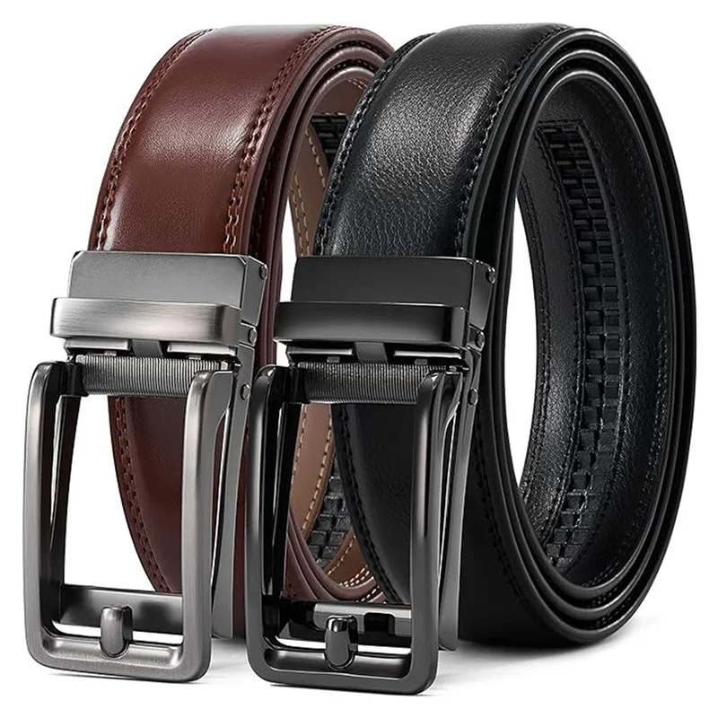 

PlusZis Black with Automatic Buckle Brown Automatic Buckle Two Pack Men's Leather Ratchet Fashion Business Dress Belt