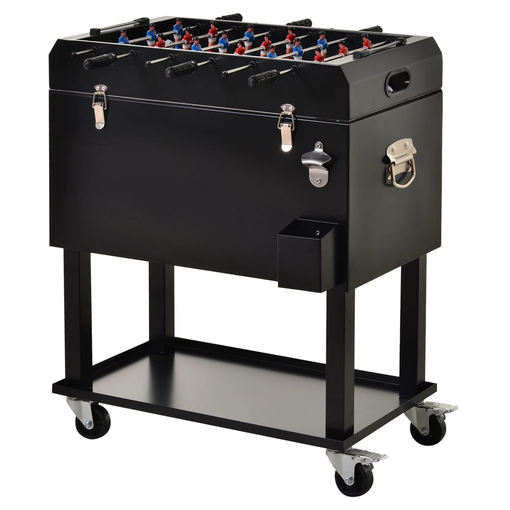 68QT Patio Cooler Ice Chest with Foosball Table Top, Portable Poolside Party Bar Cold Drink Rolling Cart on Wheels with Tray