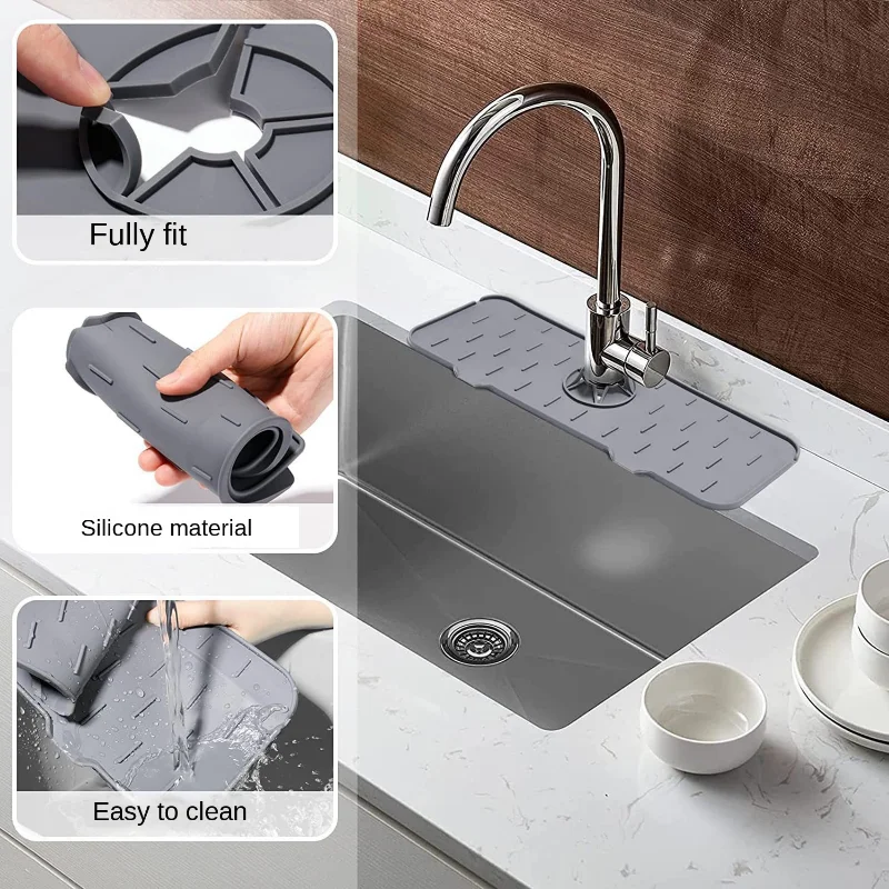 Silicone Drain Mat Faucet Mat Kitchen Sink Splash Pad Drainage Waterstop Bathroom Countertop Protector Quick Dry Tray