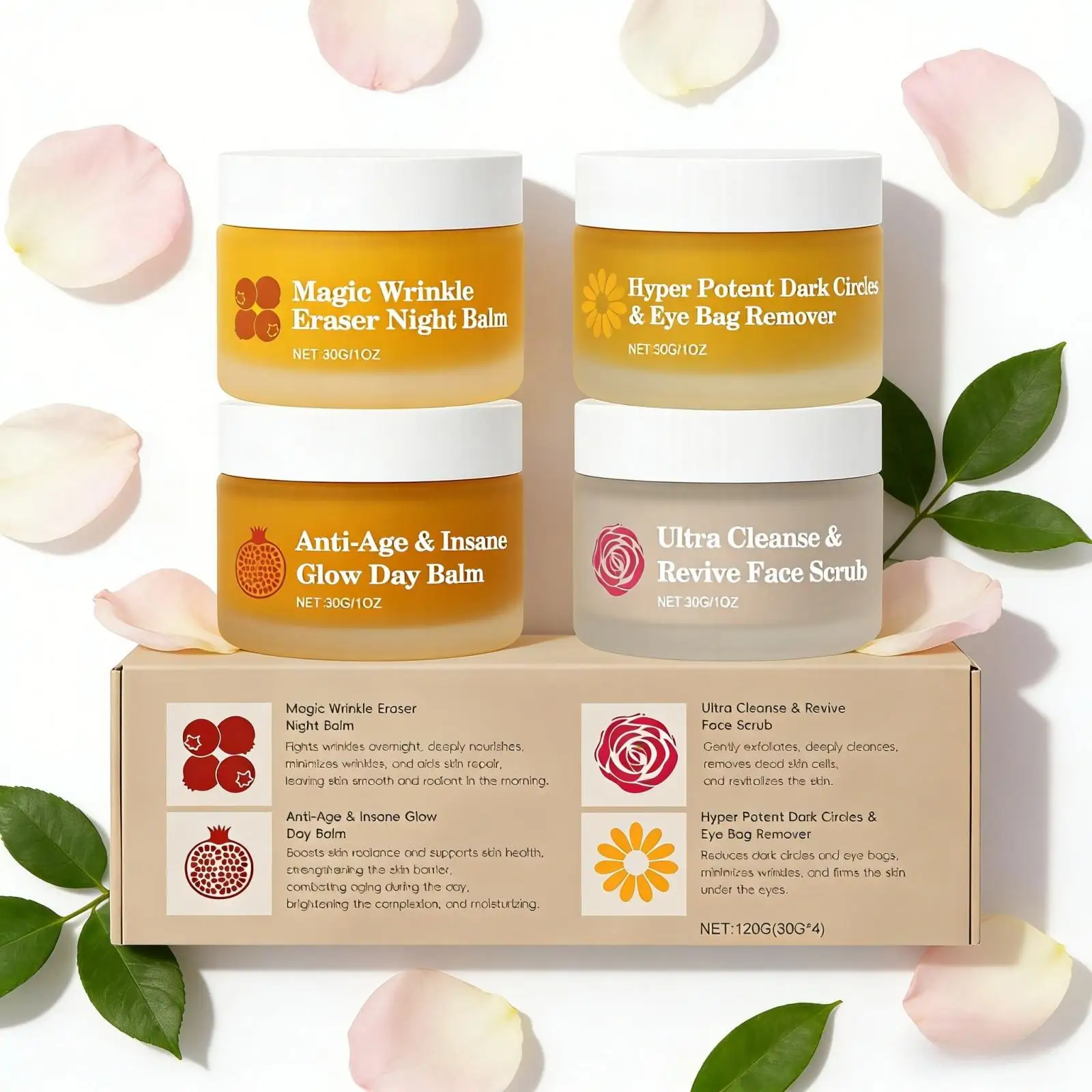 Revitalizing 4-in-1 Facial Care Set: Day & Night Balms, Eye Cream, Face Scrub - Perfect for Dull, Rough Skin and Travel