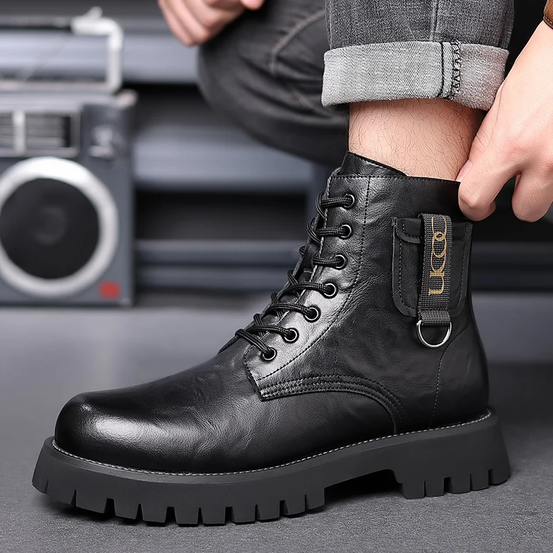 

Men ankle Boots Handmade round Toe Men Ankle Boots Casual Leather High-top Shoes men Platform Motorcycle Booties Bota Masculina