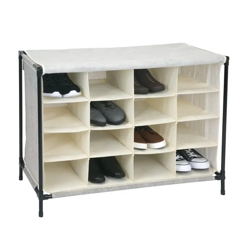 

4 Tier Fabric 16 Pairs Shoe Cubby Organizer, 16 Compartment, with Cover in Ivory
