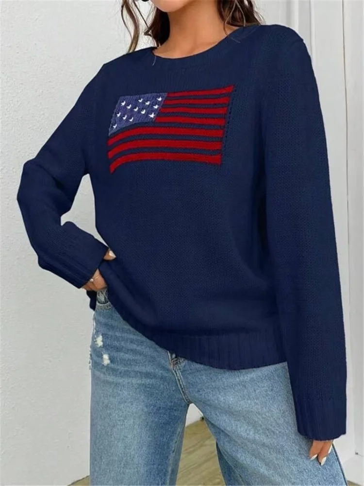 Suéter de punto Ralph Lauren para hombre y mujer, jersey de punto con cuello redondo y estampado de bandera informal vintage Y2K para primavera y otoño, nuevo