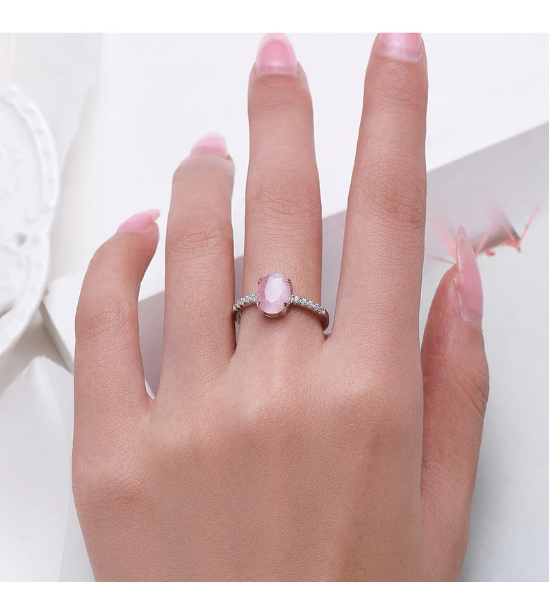 Modian 925 Sterling Silver Romantic Pink Oval Opal Finger Ring For Women Girls Charm Party Platinum Plated Fine Jewelry Gifts