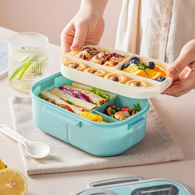Boîte à lunch portable avec compartiment, paille de blé, bento, poignée de transport, britware réutilisable, plusieurs plats, collations, nourriture, beaucoup 4