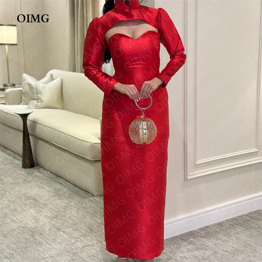 

OIMG Modest Dubai Arabic Red High Neck Satin Evening Dresses Long Sleeves Beach Custom Color Formal Prom Gowns Dress