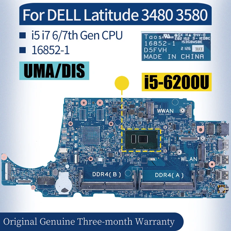 

For DELL Latitude 3480 3580 Laptop Mainboard 16852-1 004JRR 0TD9WG 08NCKY 02V63C i5 i7 6/7th GenGPU 2G Notebook Motherboard