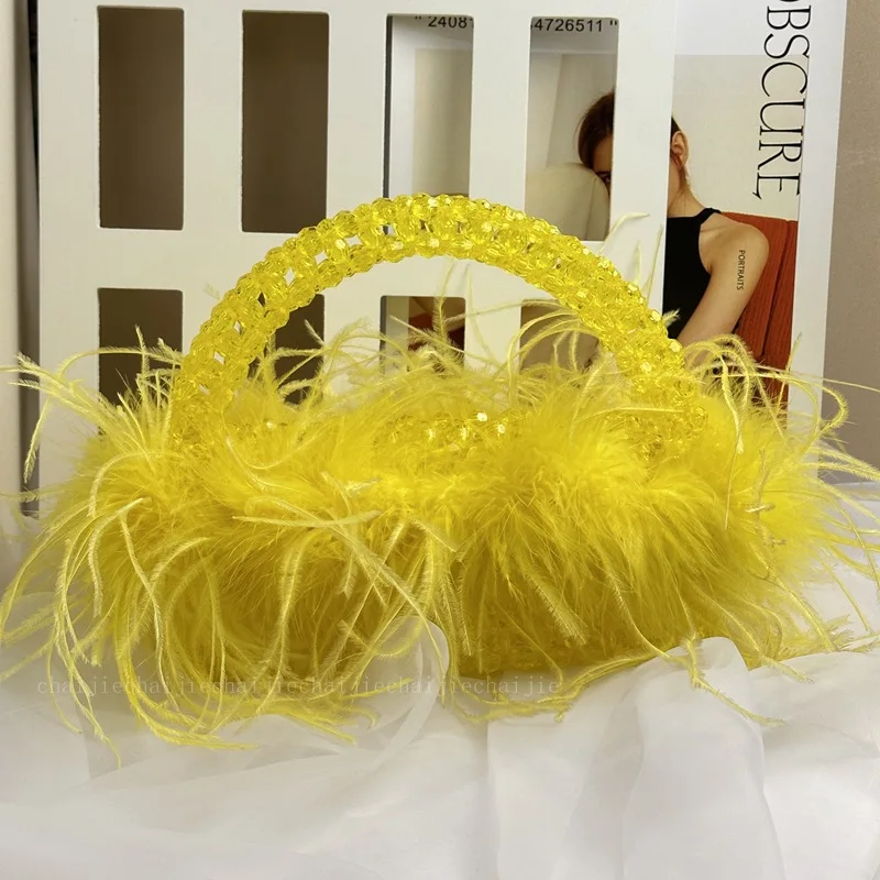 Pearl Bead Bag With Ostrich Feather Fur Designer Brand Clear Acrylic Crystal Stone Box Tote Handbag Women Handmade Party Purse 5