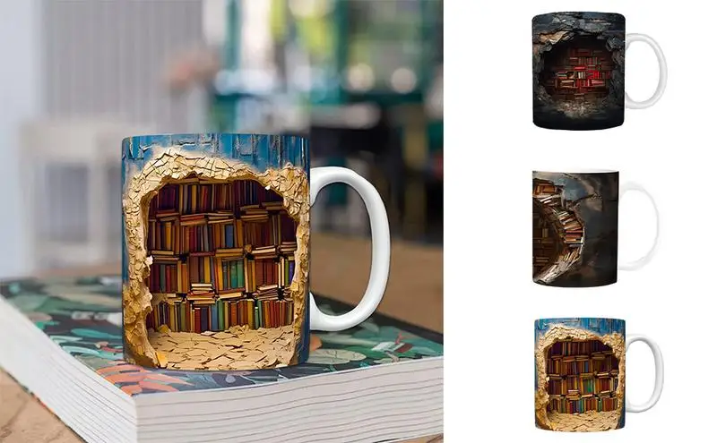 

Vintage Ceramic Coffee Mug 350ml Book Lover's Travel Cup Funny Work Mug With 3D Bookshelf Pattern Desk Cup With Handle Bookworm