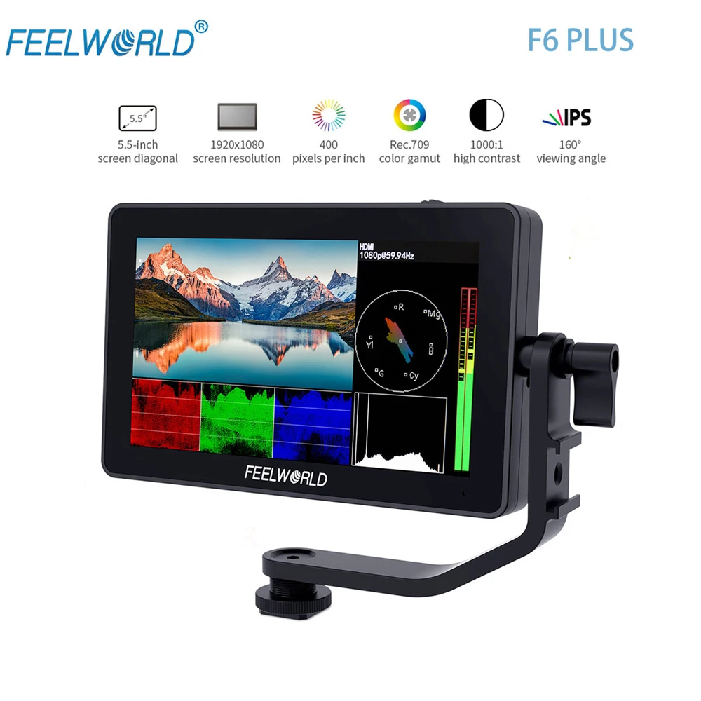 

FEELWORLD F6 PLUS 5.5 Inch 4K On-camera DSLR Field Monitor with HDR 3D LUT Touch Screen IPS FHD 1920x1080 Video Focus Assis