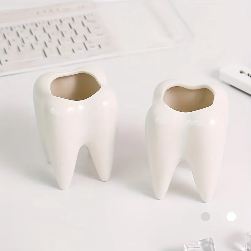Tooth-Shaped White Pen Holder | Unique Freestanding and Wall Mount Organizer
