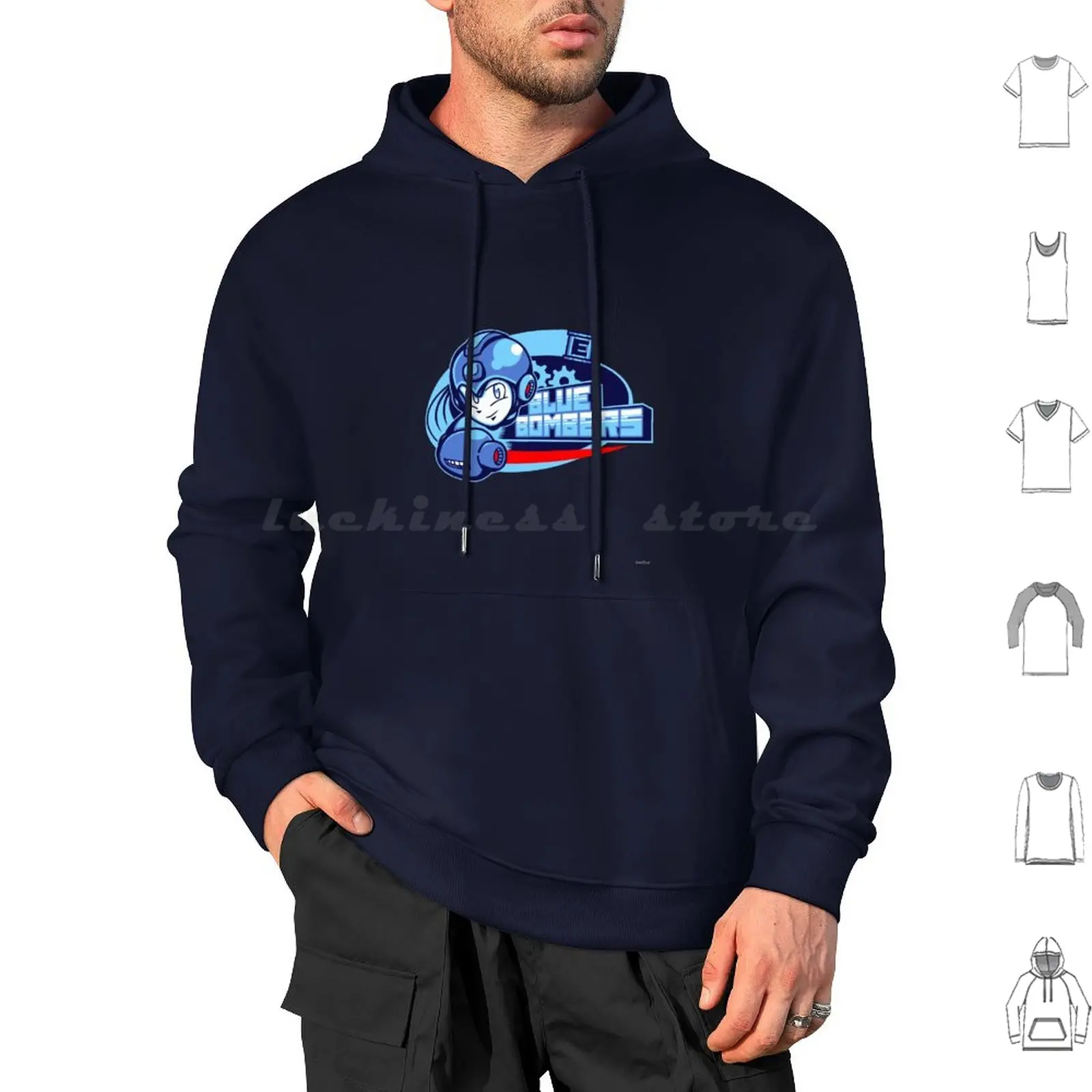 Blue Bomber Felpa Con Cappuccio Cotone Manica Lunga Megaman Mega Man Blue Bomber Bomb Energy Tank Energy Logo Emblem Game Nes Mega