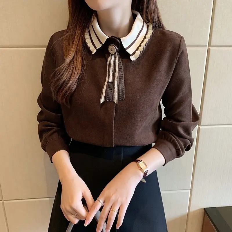 

Fashion Peter Pan Collar Spliced Button Bow Blouses Women's Clothing 2023 Autumn Winter Loose Casual Pullovers Commuter Shirts