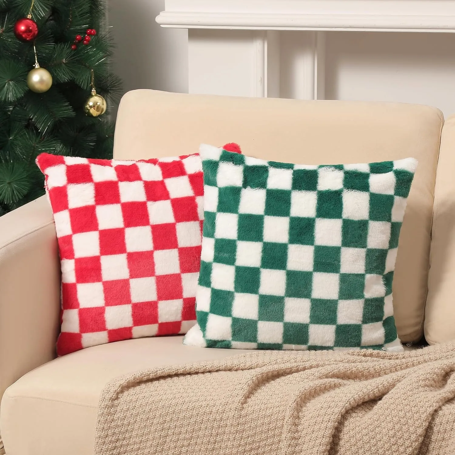 

Lamb Fleece Checkerboard Pillow Cushion Cover Green Red Soft Waxy Plush Retro Plaid Sofa Throw Pillowcase Home Decor Caser