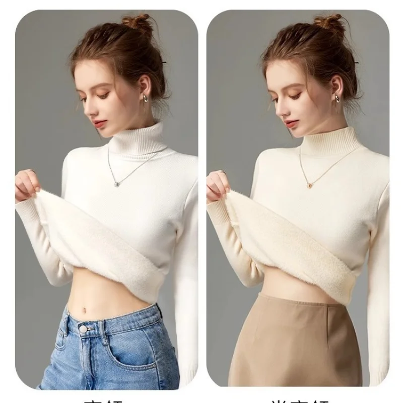 

Turtleneck Sweater for Women Autumn Winter Plus Velvet Thickened Bottoming Shirt Warm Pile Collar Knitted Top Pullover Jumpers