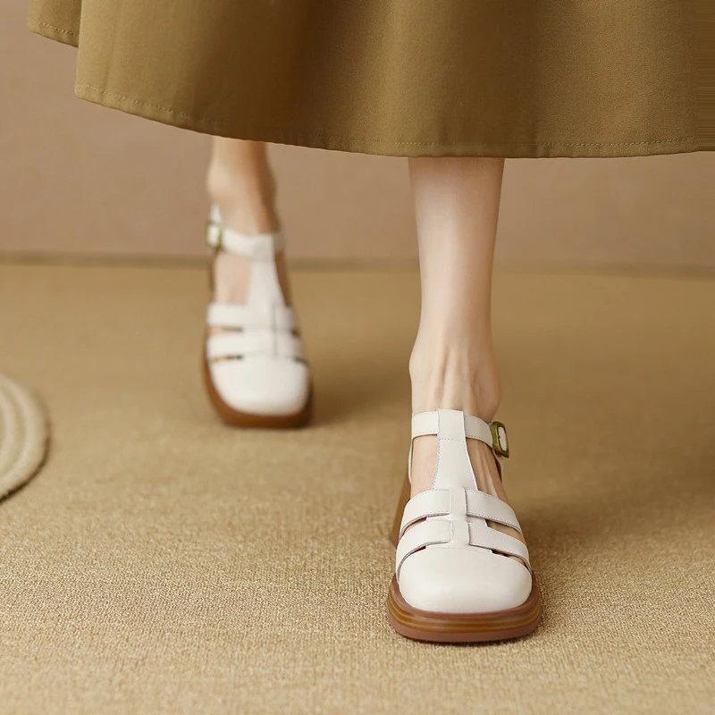 Female Sandal Low-Heeled Shoes With Strap 2024 Summer Women Buckle Espadrilles Platform Ladies Square Toe Girls Low-heeled Block