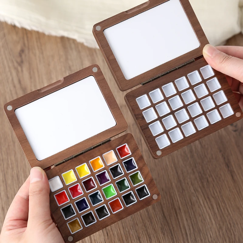 Portable Walnut Watercolor Palette 24 Grids 0.5ML Paint Box Travel Sketching Aquarelle Palette Painting Art Supplies