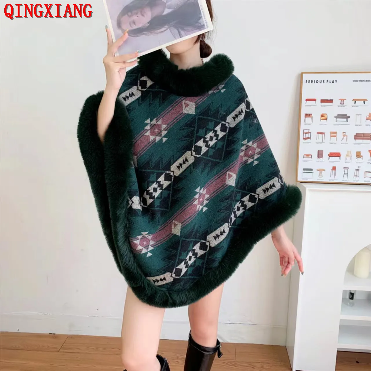 6 Colors 2022 Women Winter Thick Loose Poncho Capes Printed Cloak Faux Fur Knitted Long Triangle Out Streetwear Shawl Coat