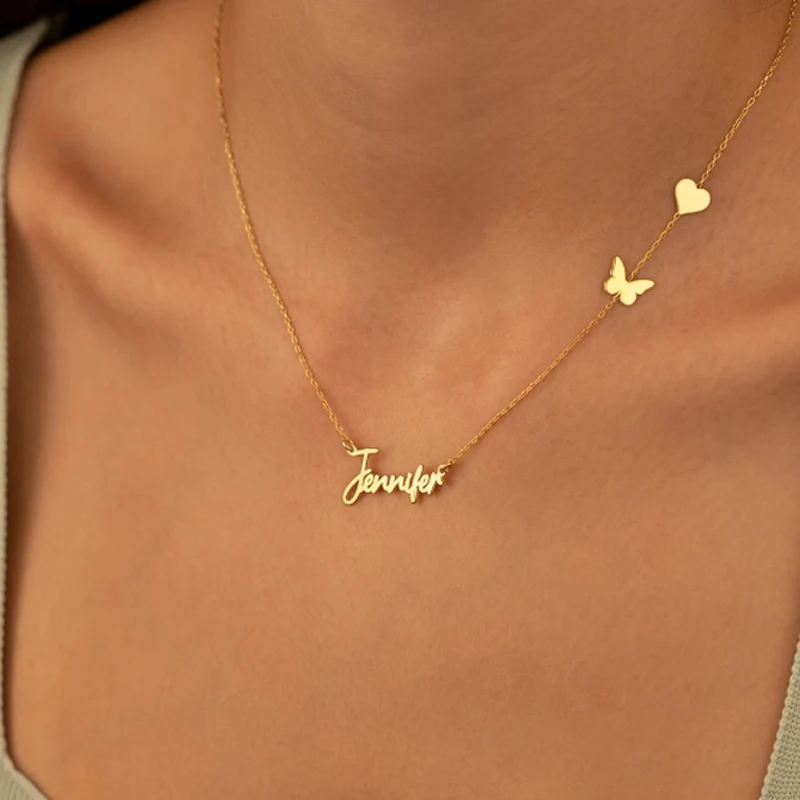 Personalized Customized Butterfly Heart Shape Name Necklaces For Women Stainless Steel Letter Choker Necklaces Handmade Jewelry