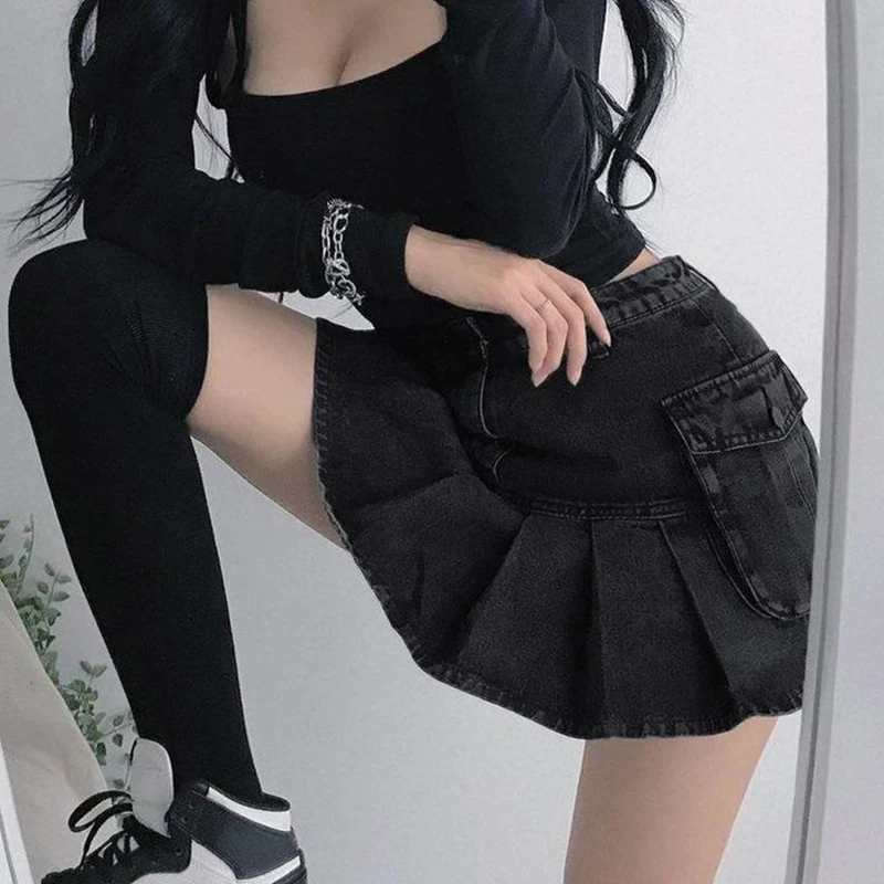 Goth Y2K High Waist Mini Jean Skirts For Women 2022 New Vintage Black Denim Pleated Skirts With Big Pockets Grunge Punk Outfits black denim skirt