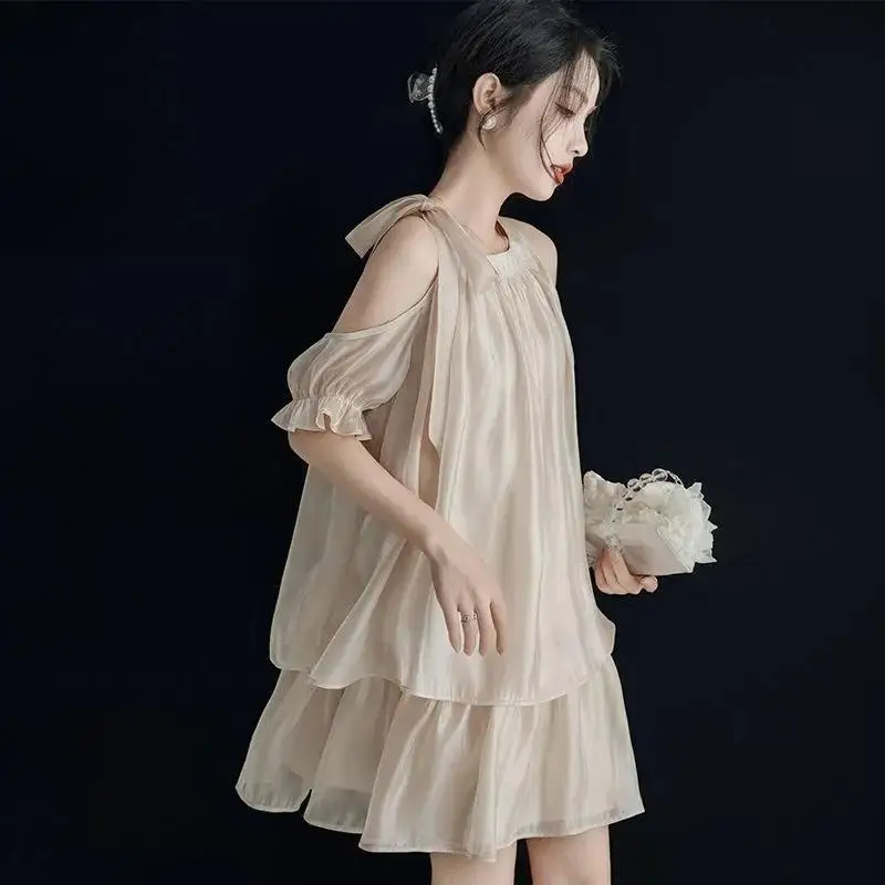 

Summer New Party Dress Women Elegant Luxury Korean Fashion Solid Ruffled Mini Evening Dress Casual Chiffon Loose Female Clothing