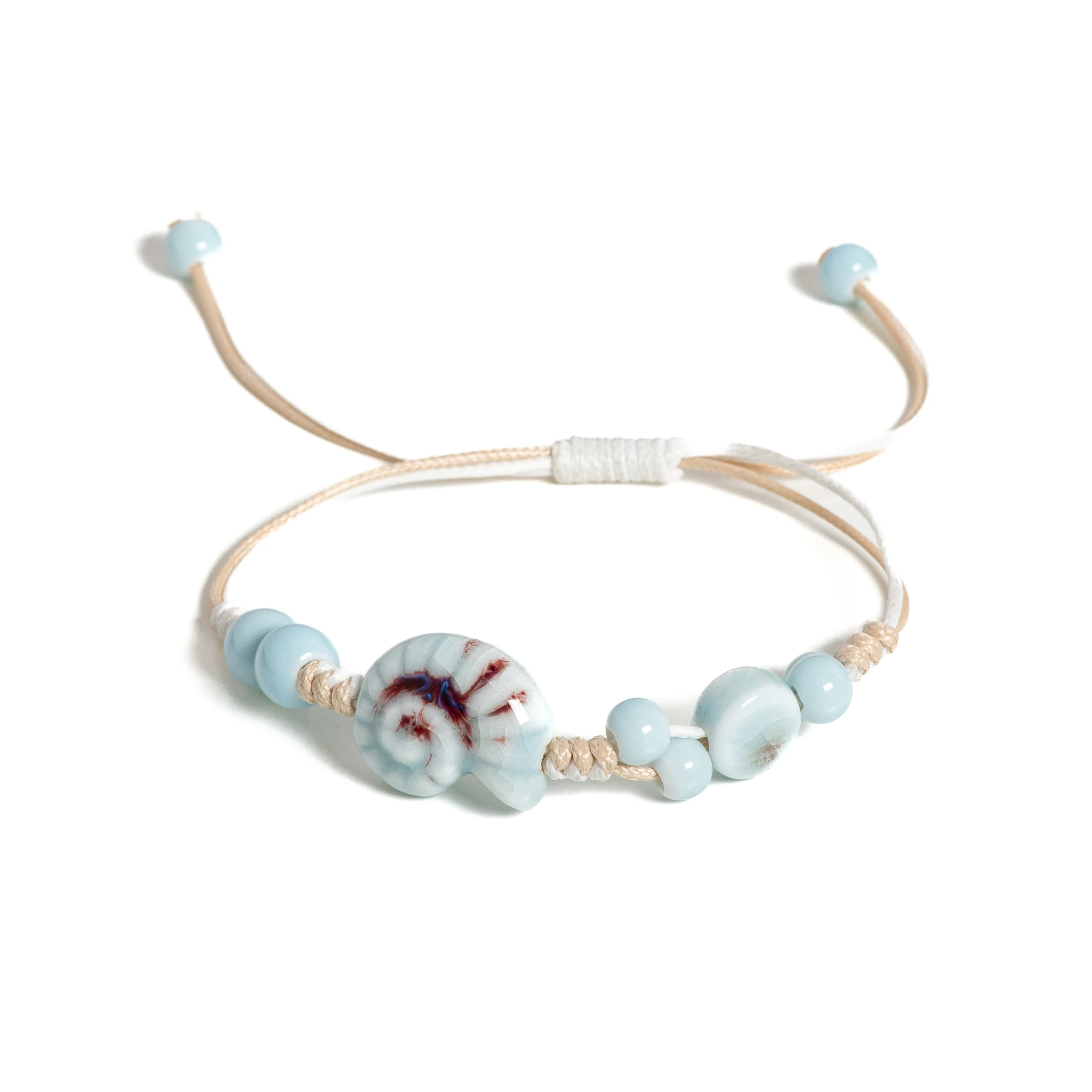 Handgefertigtes blaues Schneckenmuschel-Keramikarmband, verstellbarer handgewebter Boho-Schmuck für Damen und Herren – S02-005