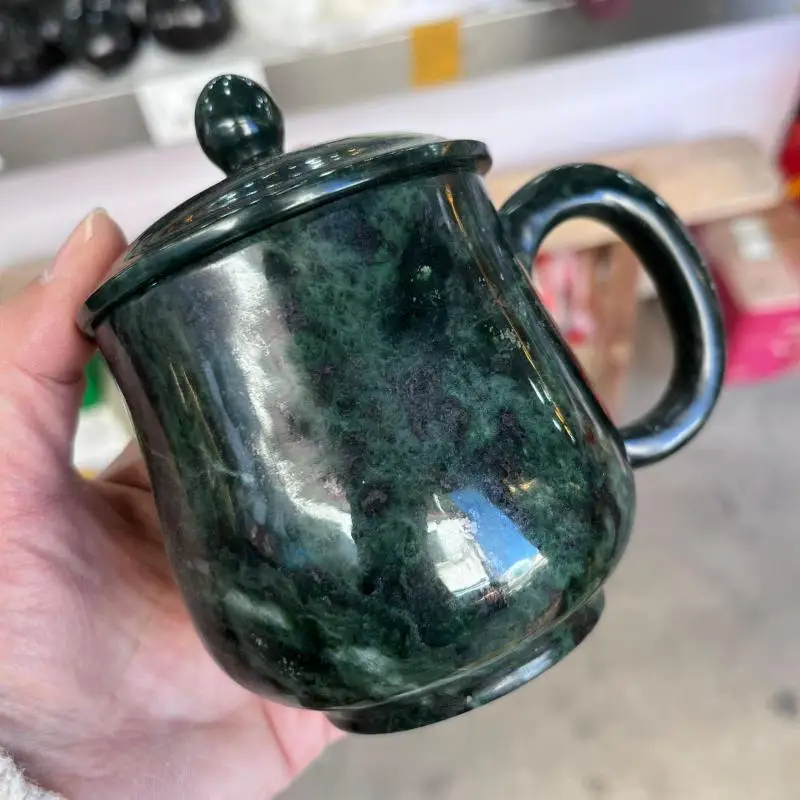 Natural Jade Teacup Mug With Handle And Lid Genuine Jades Stone Milk Mug Water Cups Health Gongfu Teaware