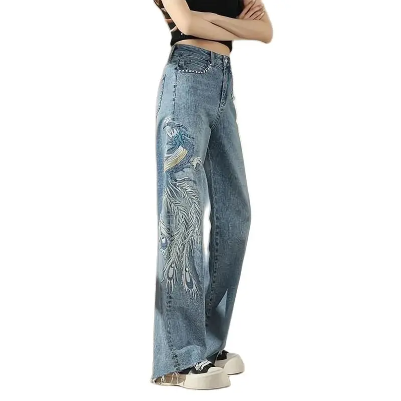

Wide Leg high Waist Jeans Women's Trousers Fashion Embroidered Summer Autumn Jeans Drape Loose Straight Denim Pants Female