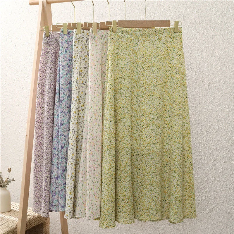 

Юбка-миди женская шифоновая в стиле ампир, модная мягкая шифоновая одежда в винтажном стиле для отпуска, популярная Цветочная в Корейском стиле, на лето
