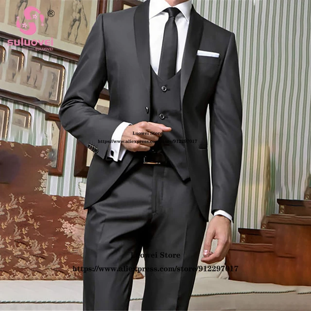 Trajes de hombre ajustado de moda para hombre, conjunto chaqueta, chaleco y pantalones, traje Formal de negocios para novio, boda, graduación, esmoquin, 3 piezas traje de novio para boda _ -